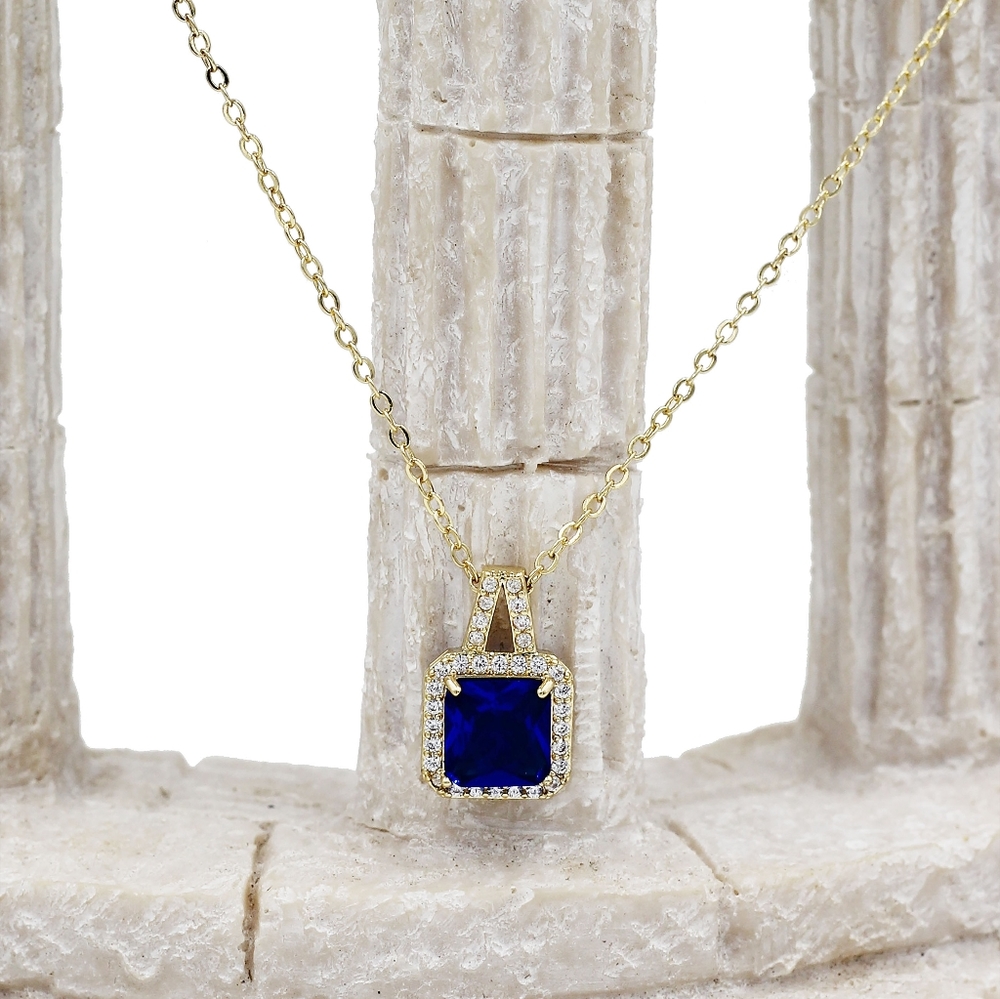925 gold blue elegant square crystal pendant gold necklace